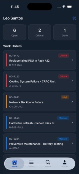 TechAssist home screen with the work order list