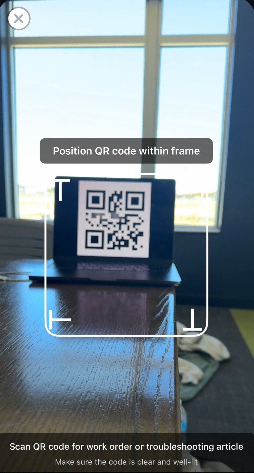 TechAssist QR scanner screen